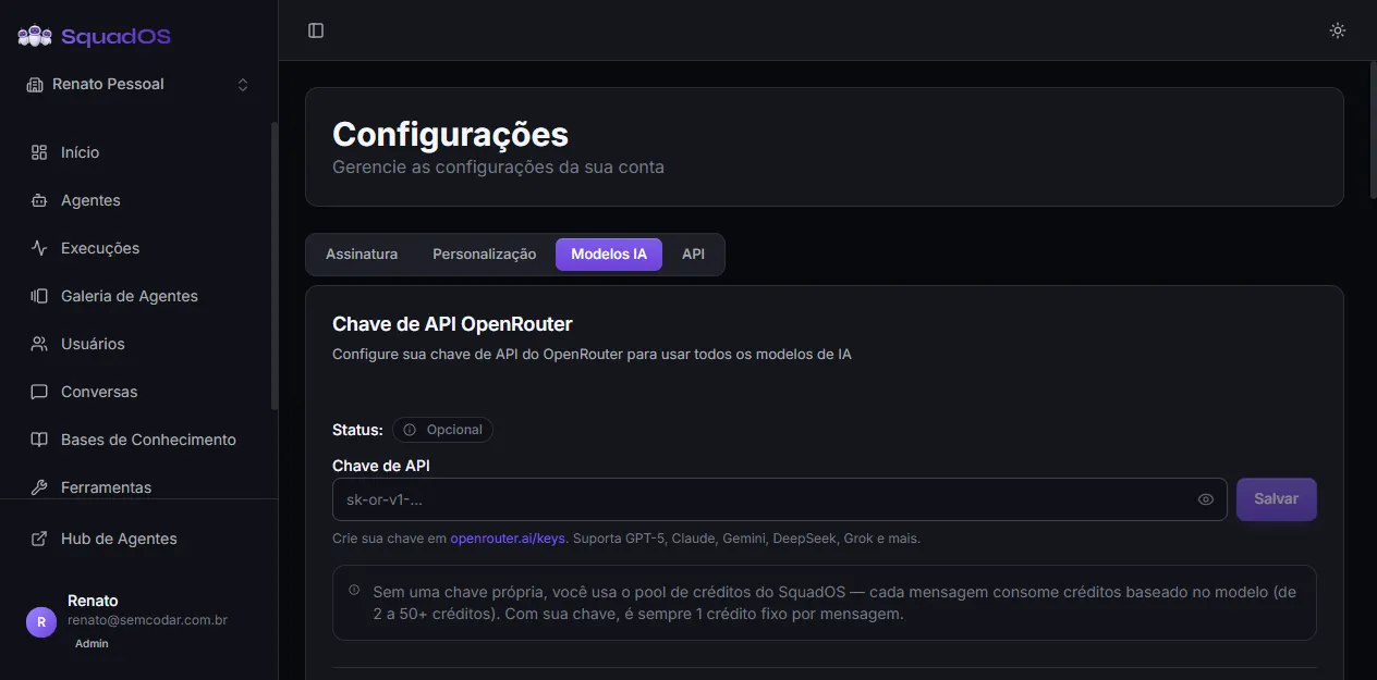 AI Models tab with the optional OpenRouter key and the models table