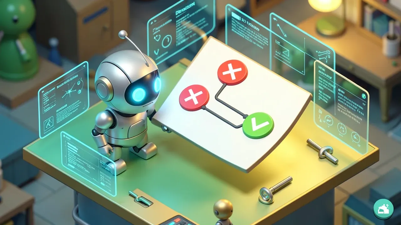 Robô isométrico analisando um diagrama de fluxo de decisão flutuante com setas de tentativa e correção em cores teal e dourado