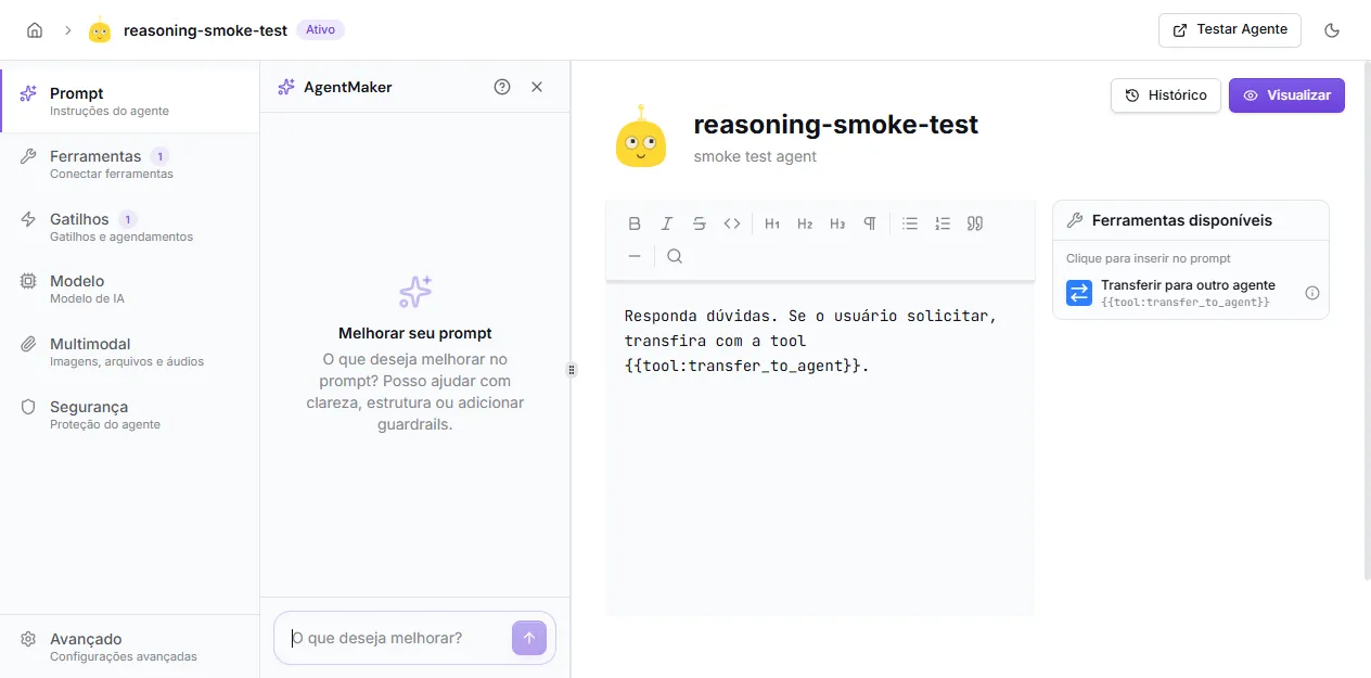 AgentMaker aberto no editor de prompt