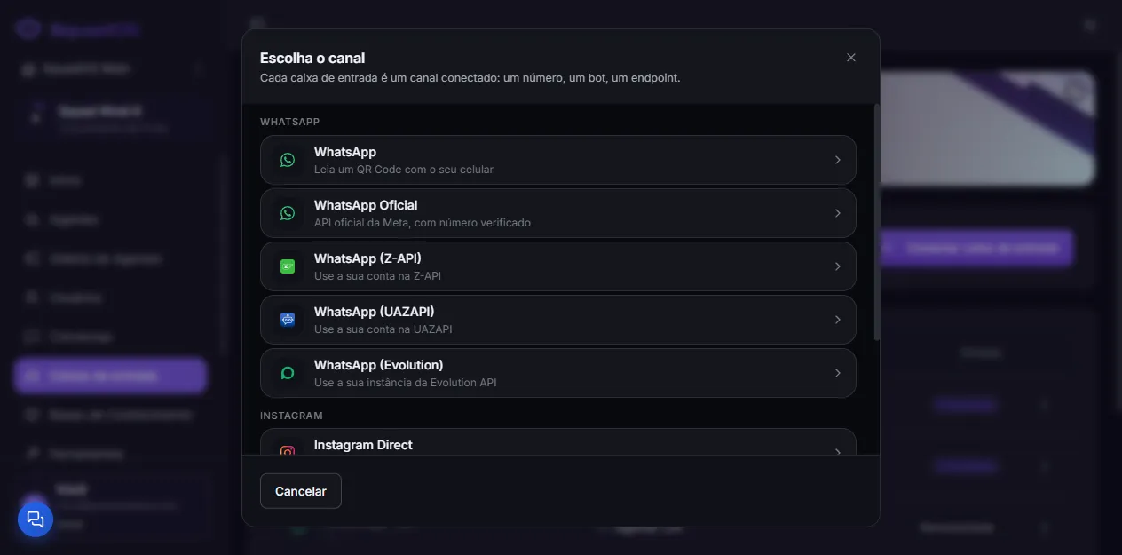 Diálogo de conexão de caixa de entrada, com WhatsApp Oficial no grupo WhatsApp