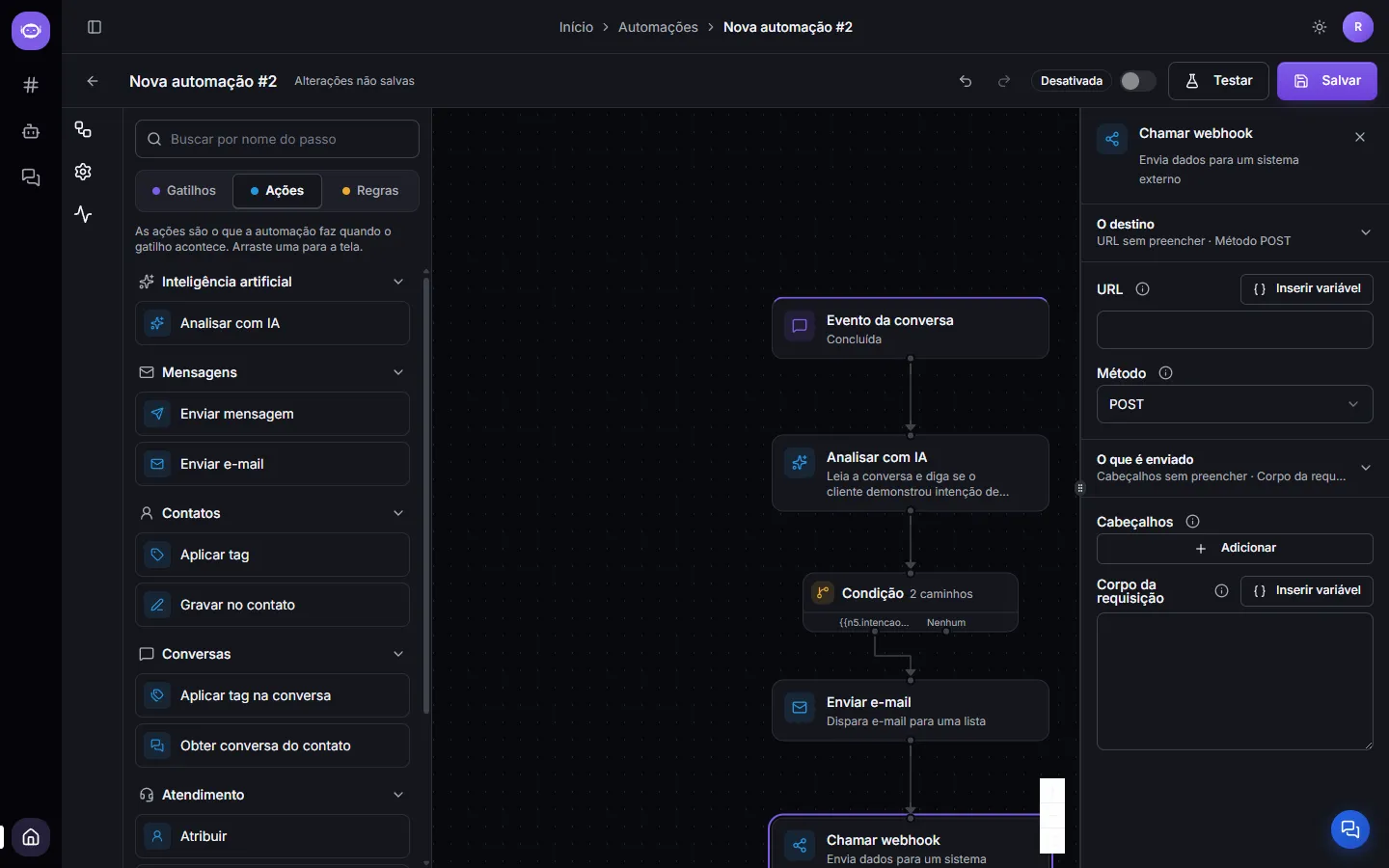 O passo Chamar webhook, com URL, método, cabeçalhos e corpo da requisição
