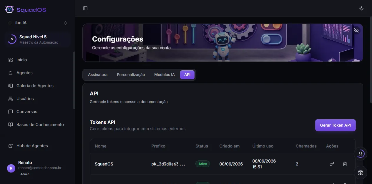Aba API em Configurações, com a tabela de tokens e o botão Gerar Token API