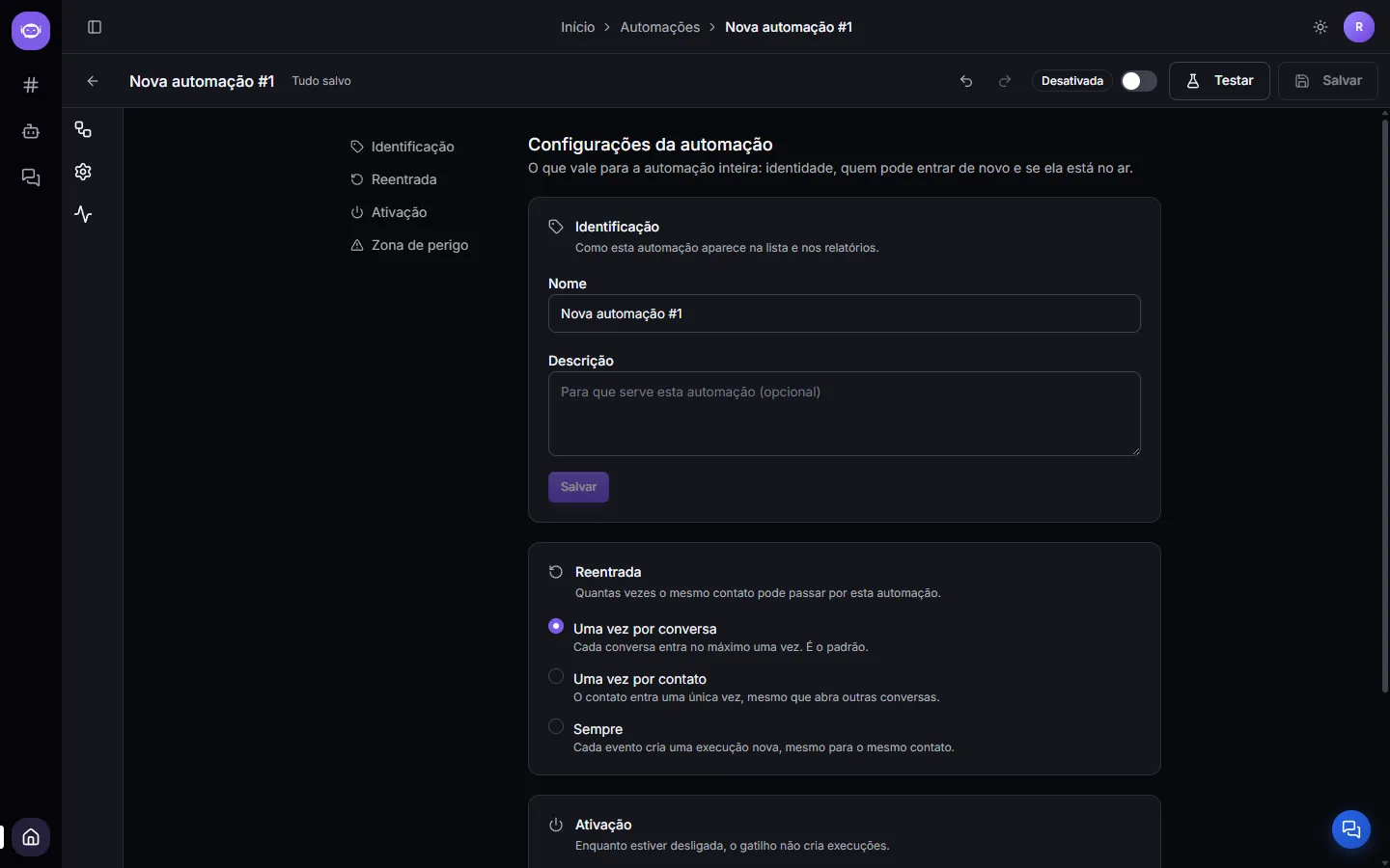 A tela de configurações da automação, com identificação, reentrada e ativação