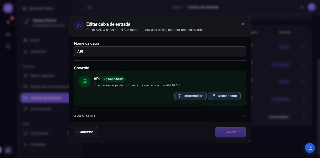 Caixa do canal API aberta em Configurações