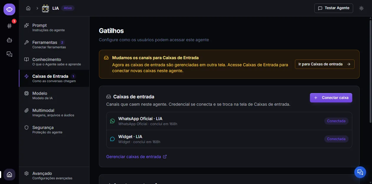 Seção Caixas de Entrada no editor do agente