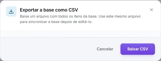 The "Export the base as CSV" dialog, with the file explanation and the Download CSV button.