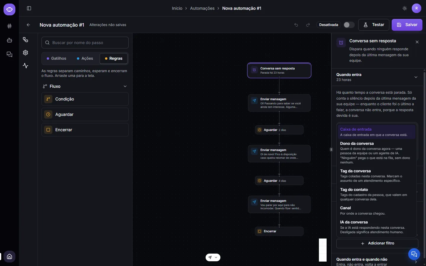 O menu de critérios de filtro: caixa de entrada, dono da conversa, tag da conversa, tag do contato, canal e IA da conversa