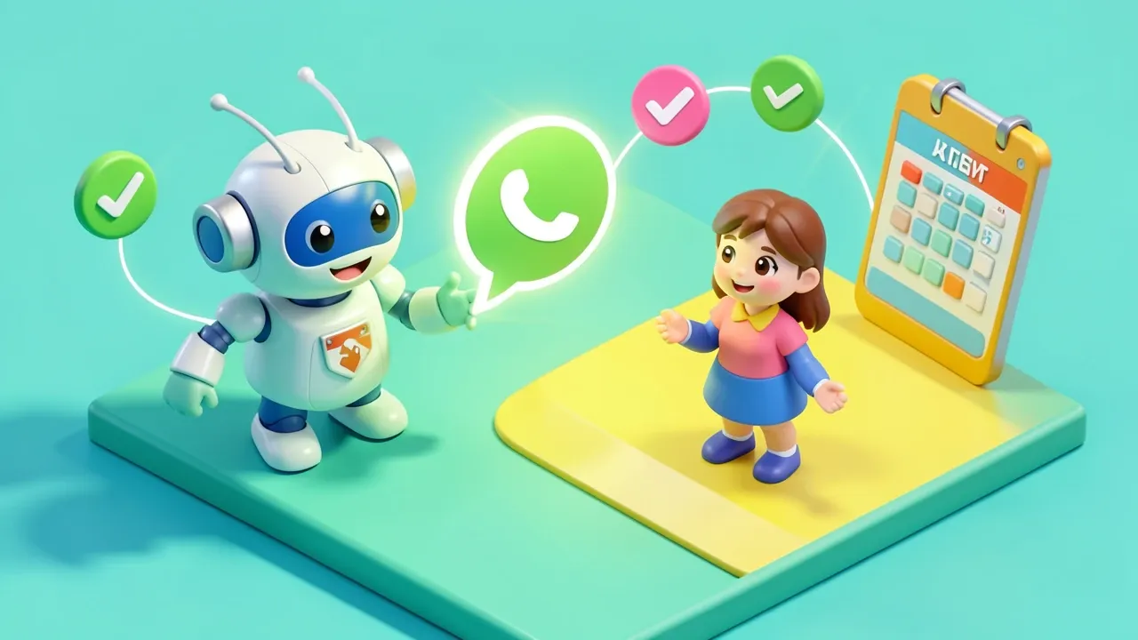 Robô sorridente envia um balão de WhatsApp com dois botões grandes pra um cliente sorrindo, ícones de calendário e confirmação orbitando