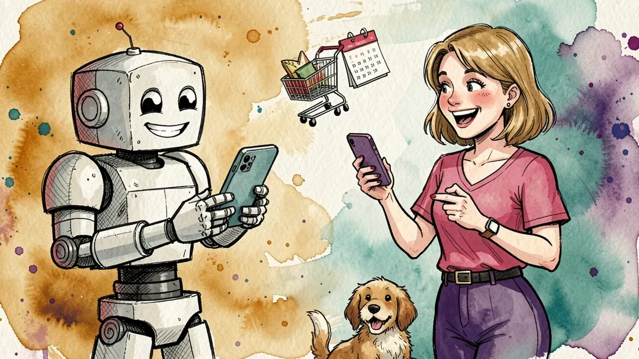 Smiling robot chats on WhatsApp with a customer who smiles recognizing the message, a small calendar and a shopping cart floating between them, pen linework with watercolor