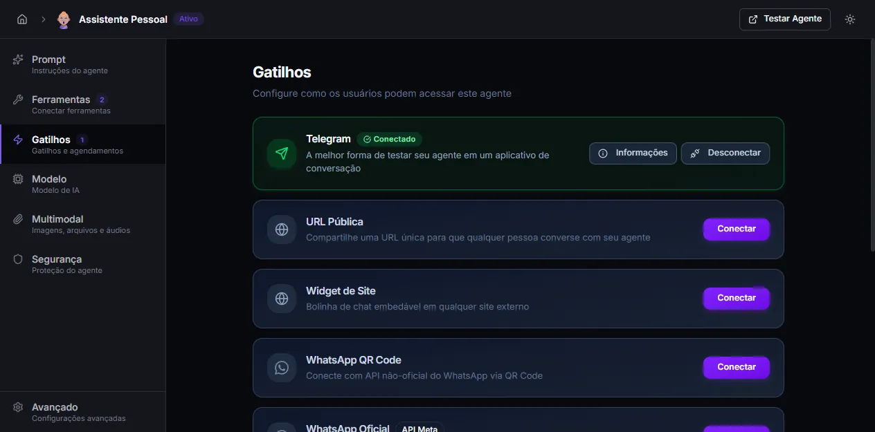 Triggers tab with available channels