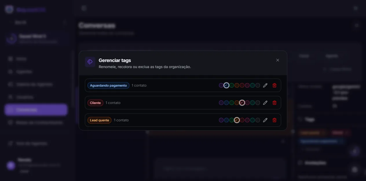 Manage tags dialog with rename, recolor, and delete