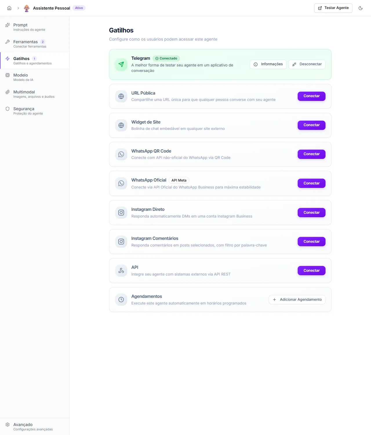 Triggers grid available in the agent editor