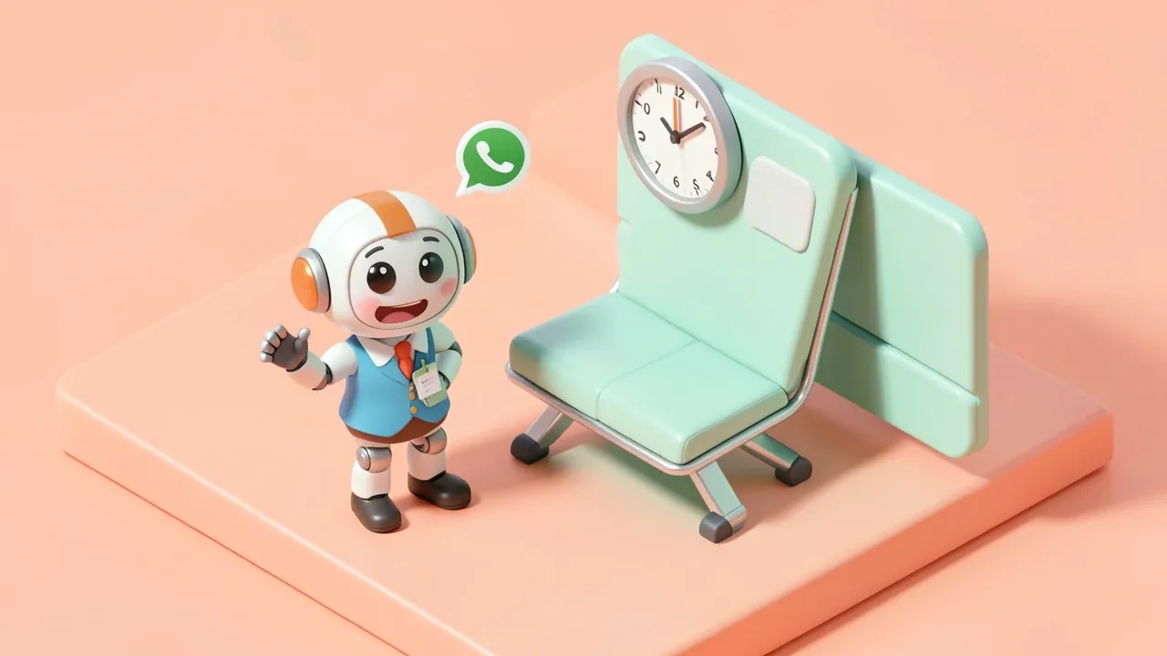 Robô recepcionista acena ao lado de uma cadeira de espera vazia com um relógio flutuante e um balão de lembrete no WhatsApp