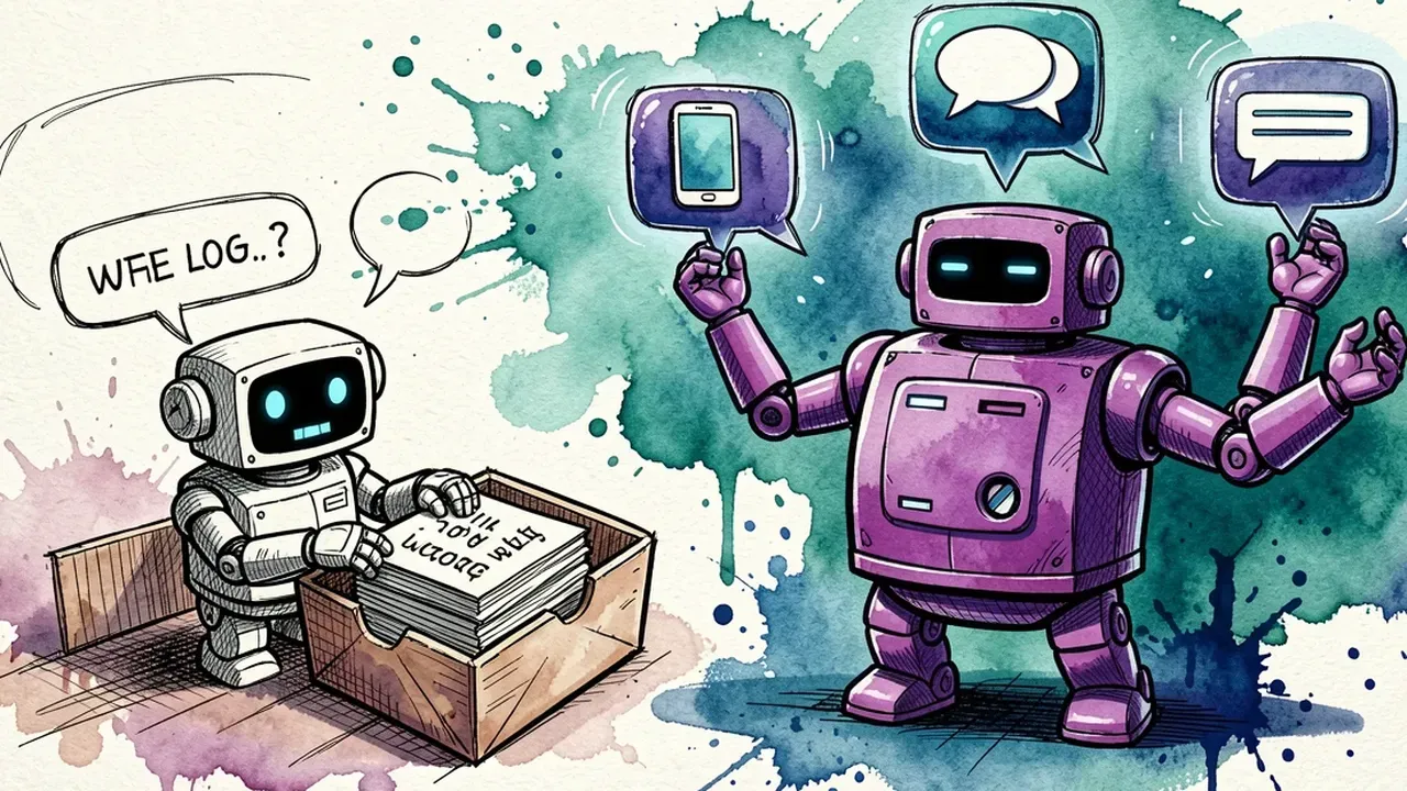 Small robot organizing an inbox full of stacked chat bubbles next to a bigger violet robot handling three different channels at once, teal watercolor with a violet accent