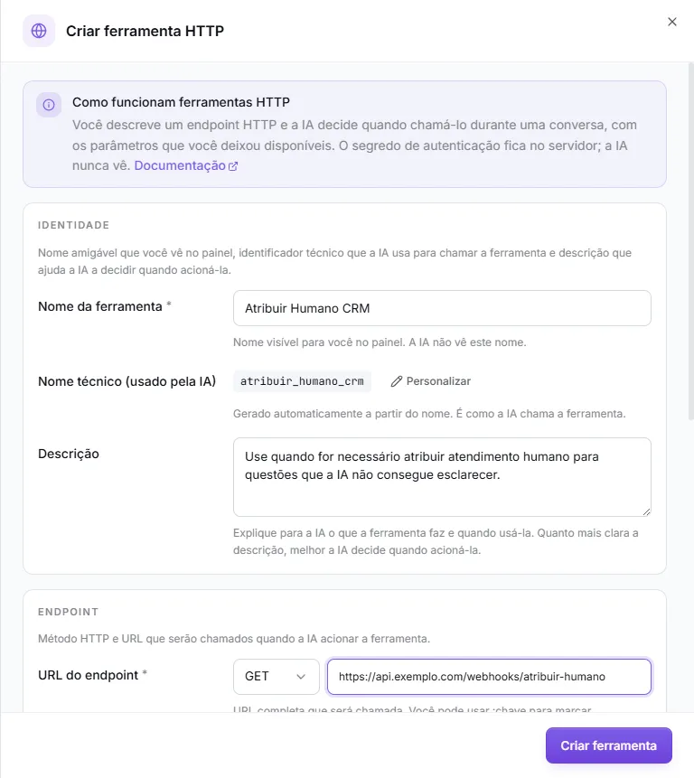 Create HTTP tool modal