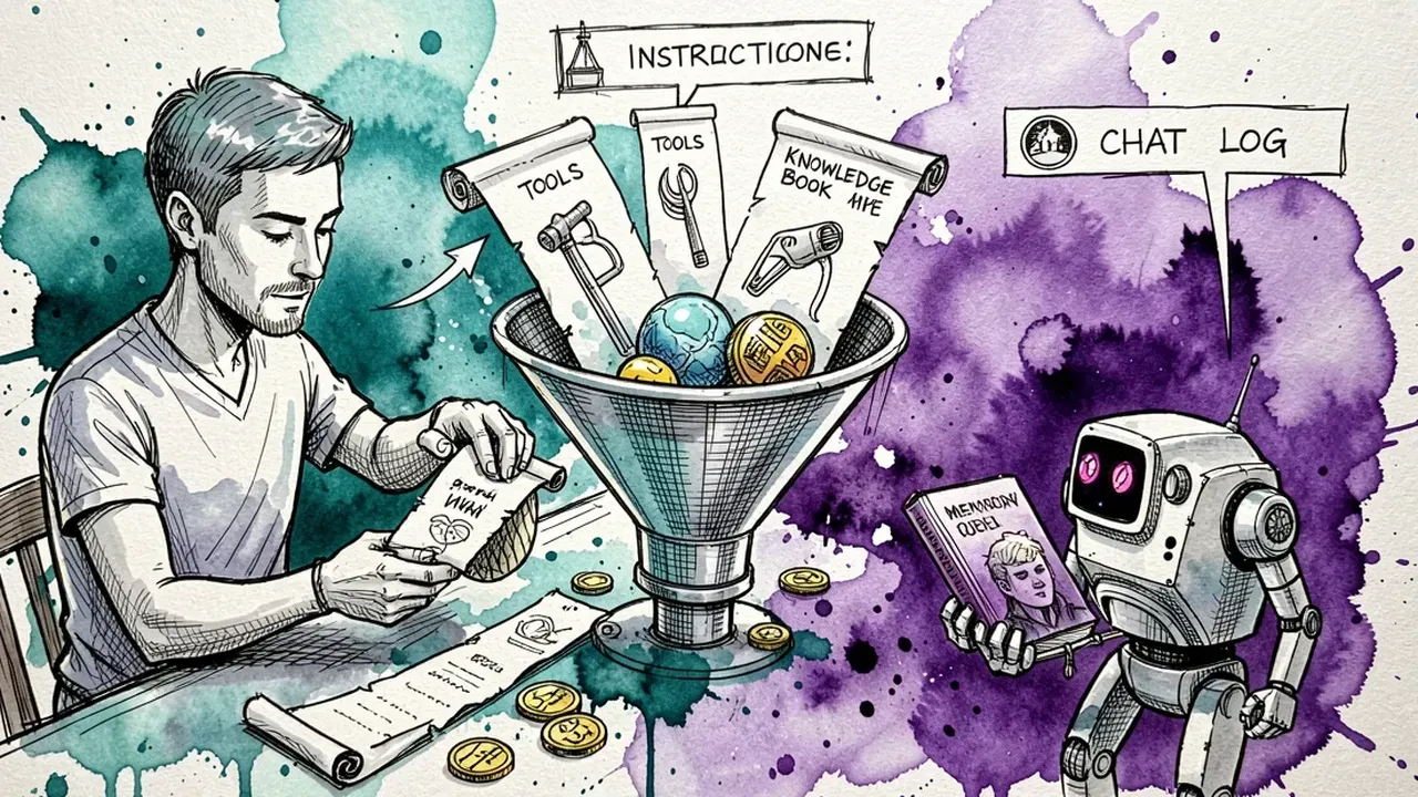 Ilustração de um agente de IA puxando fragmentos de contexto, ferramentas, memória e documentos de um redemoinho