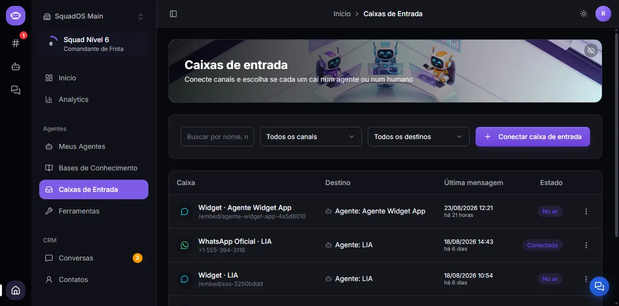 Lista de caixas de entrada no painel administrativo