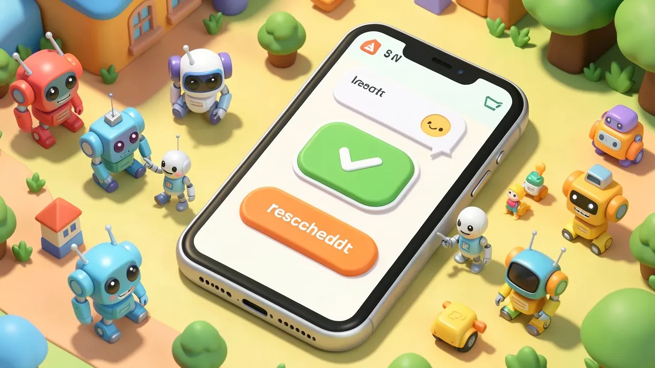 Tela de celular mostra um balão de chat com um botão verde de confirmar e um botão laranja de remarcar, robô apontando orgulhoso