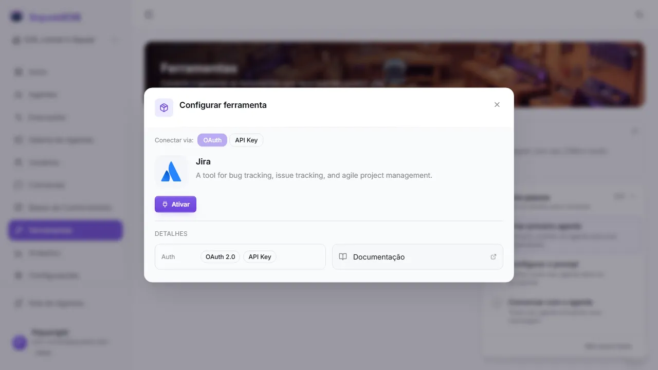 Tool details modal with the "Connect via" selector
