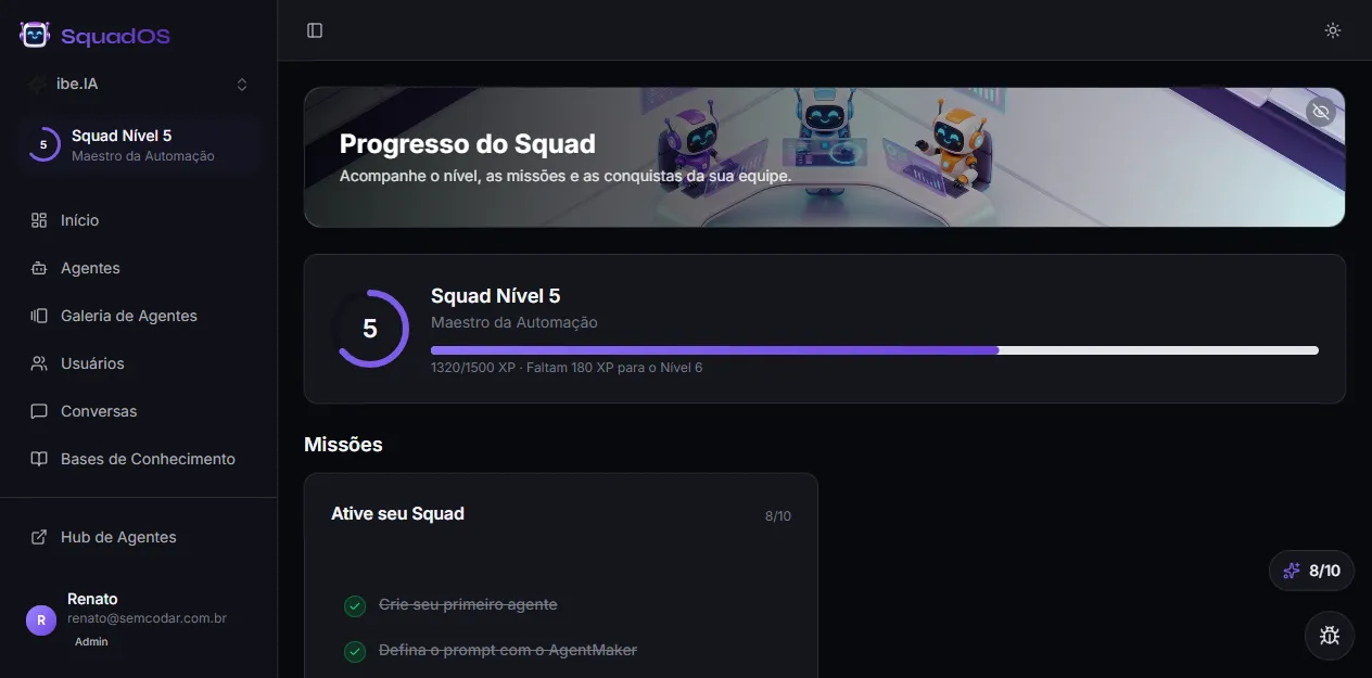 Squad Progress page: level, XP bar, and quests