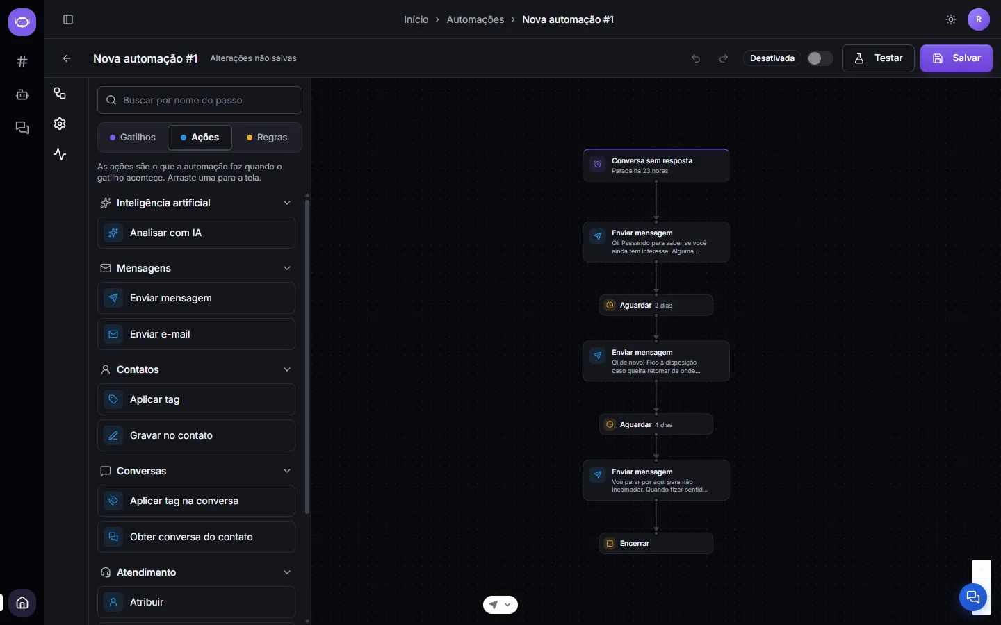 A aba Ações da paleta, com Inteligência artificial, Mensagens, Contatos e Conversas
