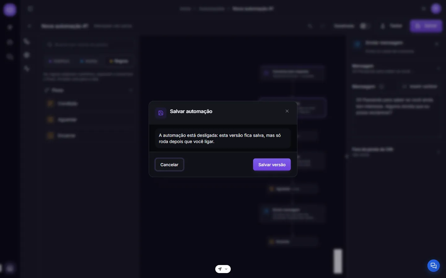 The "Save automation" dialog, warning that the automation is off and the version only runs once enabled