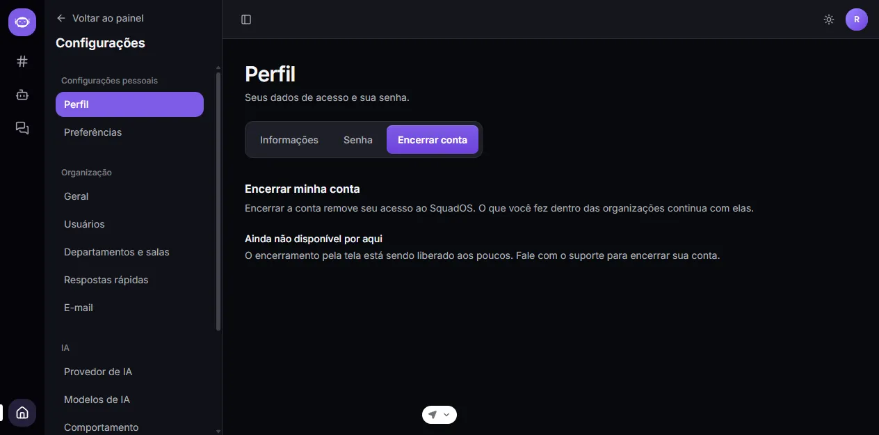 Aba Encerrar conta, com o aviso de liberação gradual