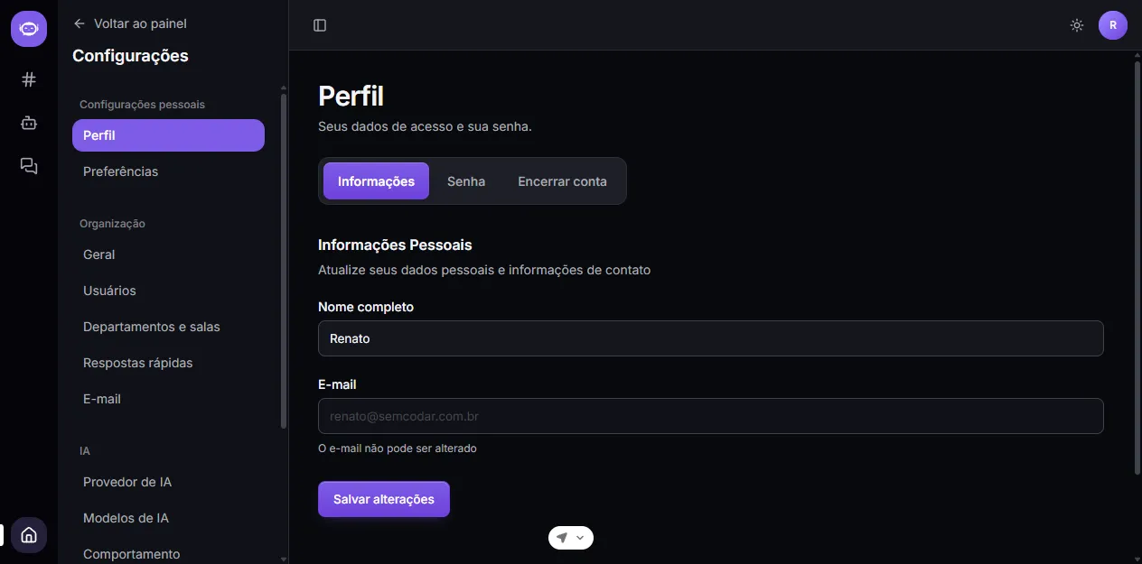 Aba Informações do Perfil, com nome completo e e-mail