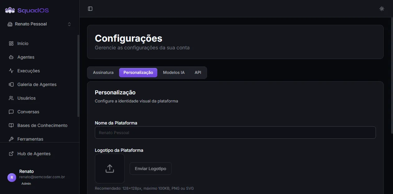 Customization tab with name, logo and language fields