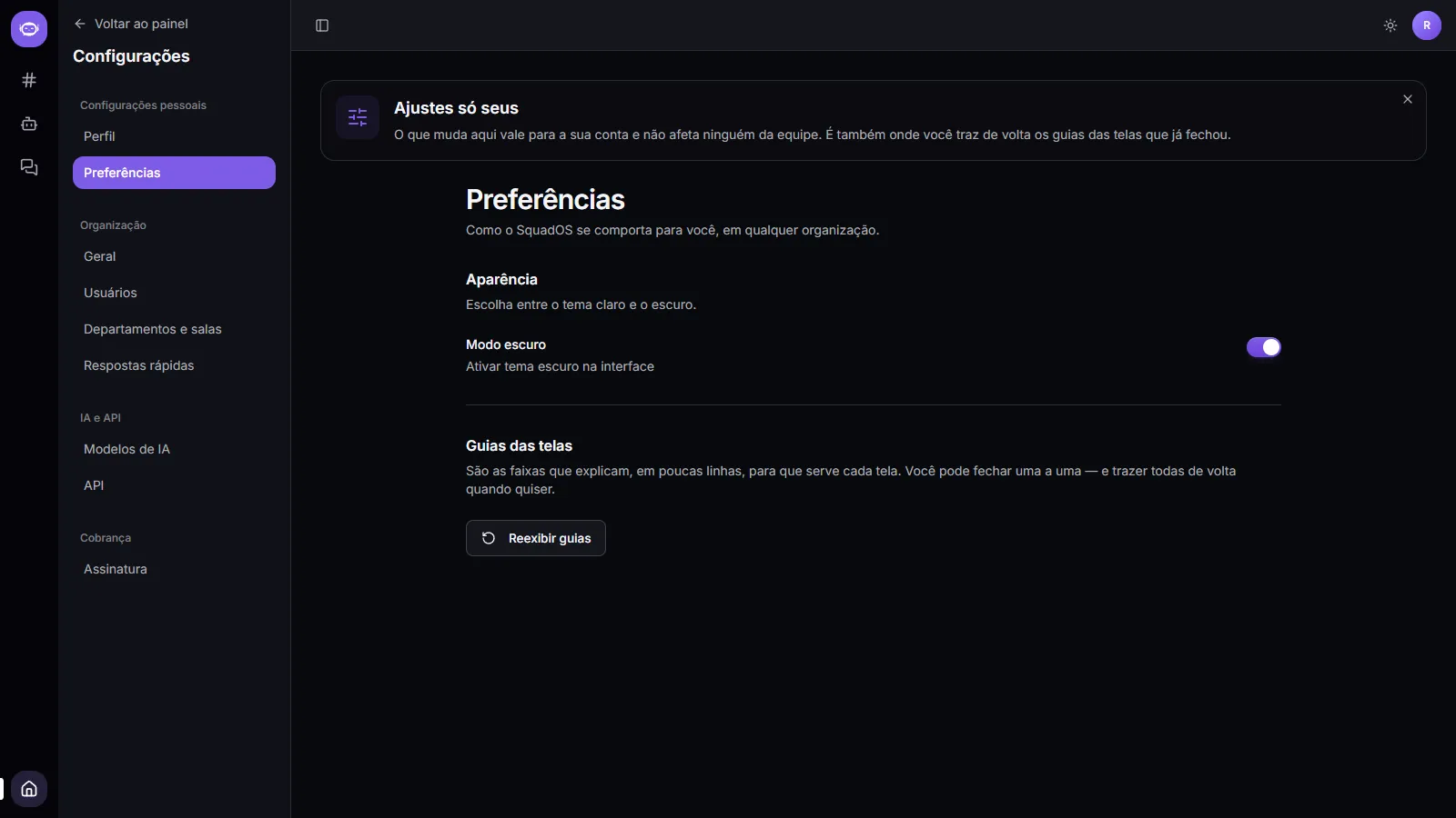 Seção Preferências, com modo escuro e reexibir guias