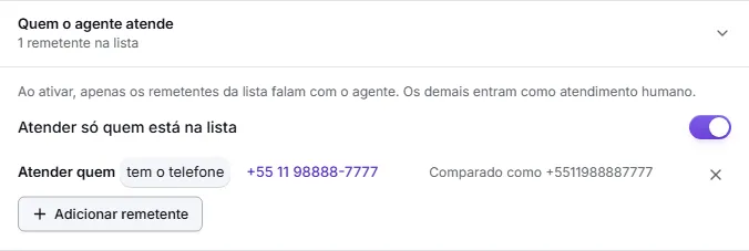 The "Who the agent answers" section with the restriction on and one rule: answer whoever has the phone +55 11 98888-7777.