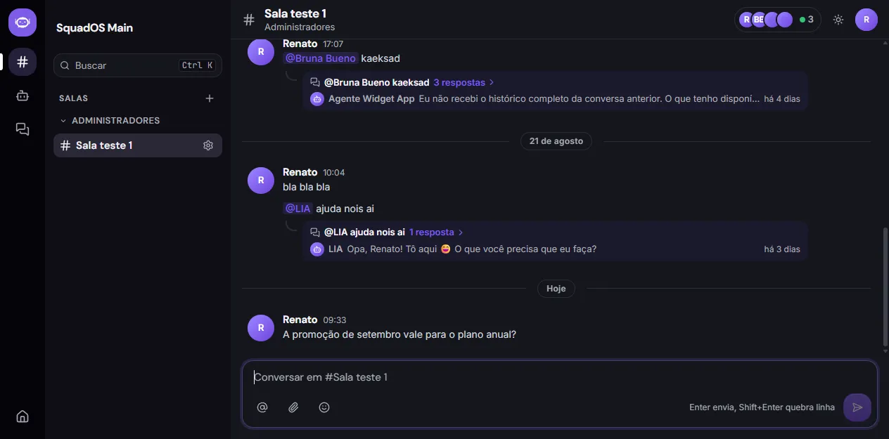 O Hub com o trilho à esquerda, a lista de salas e uma sala aberta