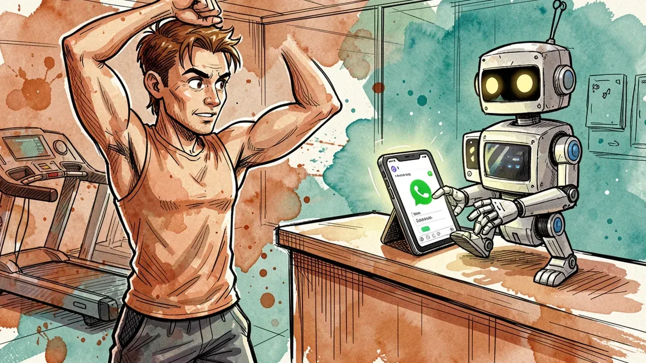Instrutor de academia olhando o celular com uma conversa de WhatsApp aberta, enquanto um agente de IA confirma uma reserva de aula no balcão