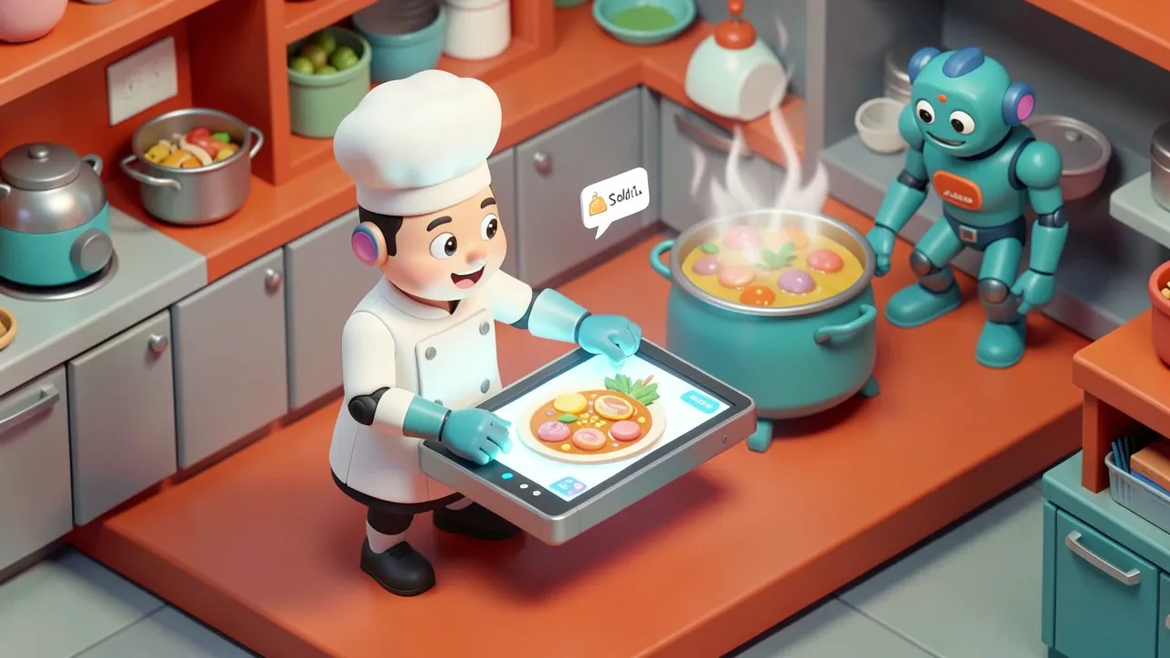 Cozinheiro marcando um prato como esgotado num tablet, atualizando o cardápio do agente de IA em tempo real