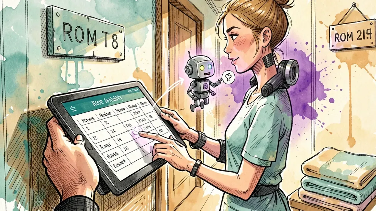 Recepcionista de pousada atualizando a disponibilidade de quartos num tablet, refletindo em tempo real no agente de IA