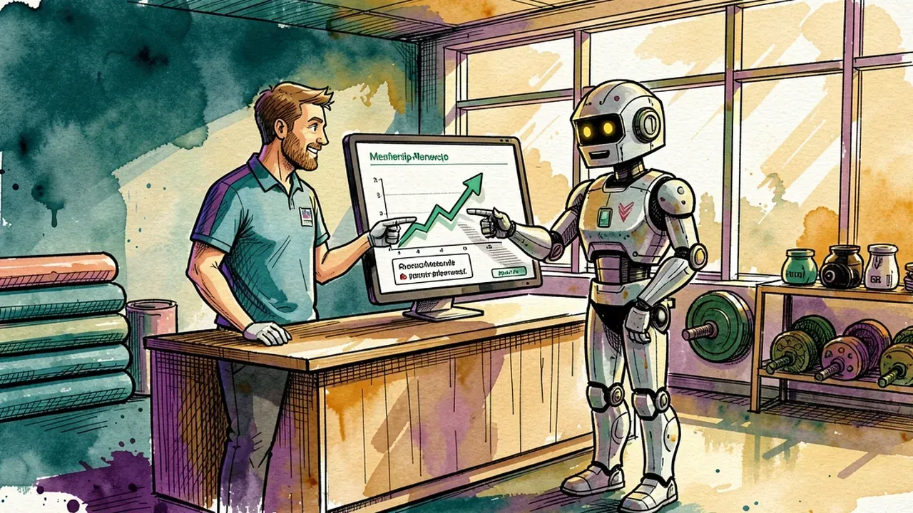 Gerente de academia e um agente de IA analisando juntos um gráfico de renovação de matrícula em ascensão