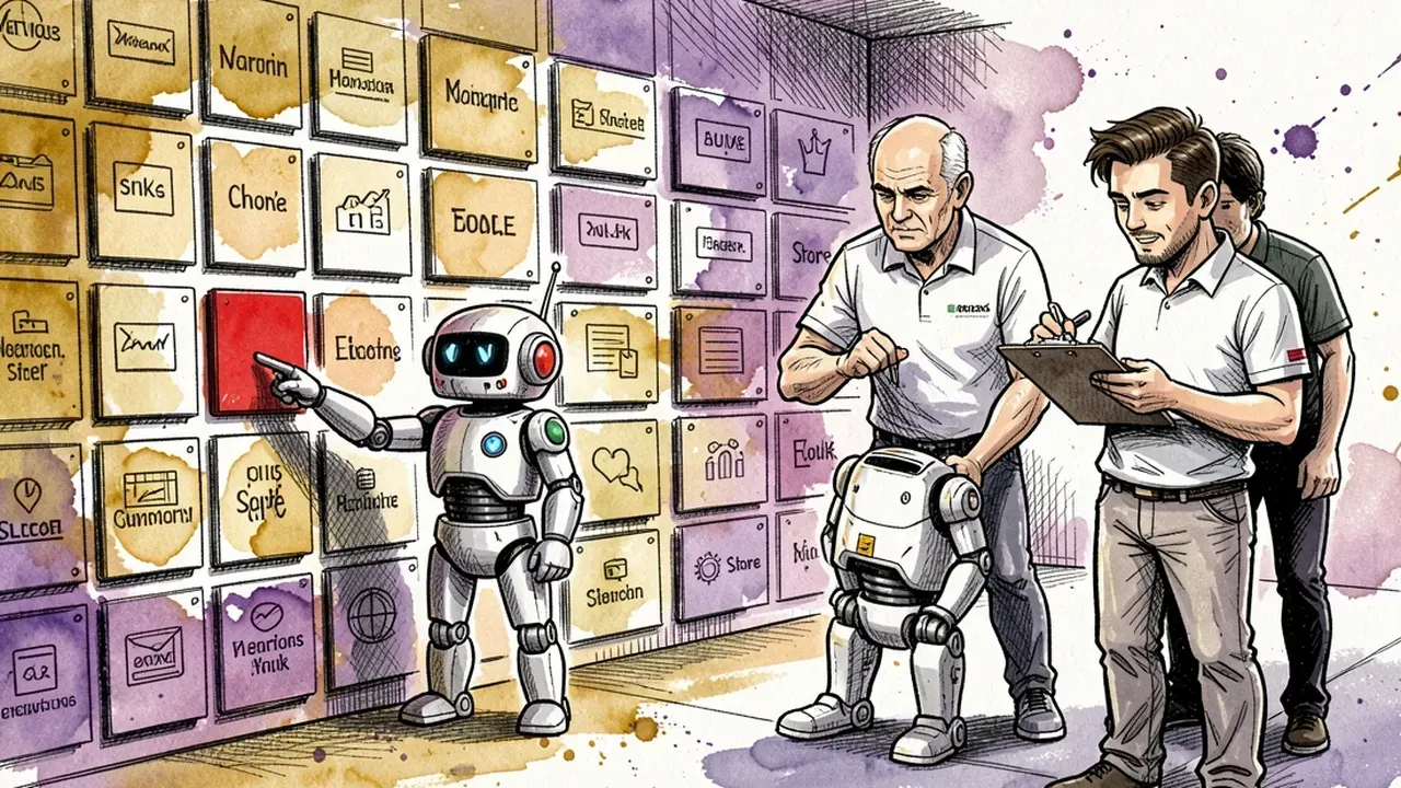 Franchisor reviewing customer service performance location by location on a dashboard, with a robot pointing at the location that fell off standard