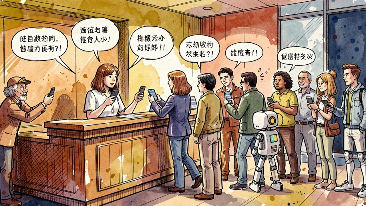 Recepção de hotel com fila de turistas e um robô respondendo três clientes ao mesmo tempo em idiomas diferentes