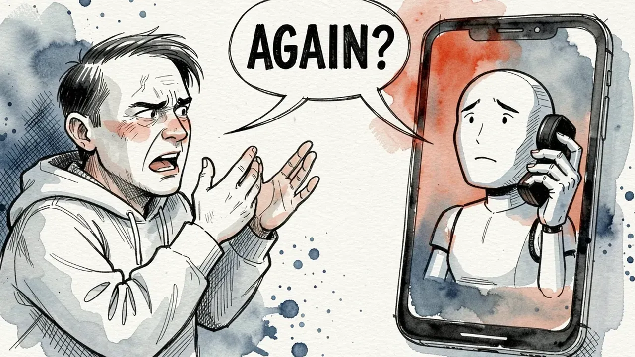 Illustration of a frustrated customer shouting "again?" at a confused AI agent on a phone screen