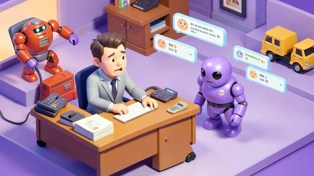 Diorama isometrico de um operador sobrecarregado cercado por telefones tocando ao mesmo tempo, enquanto um robo violeta organiza calmamente varios chats de rastreamento em telas flutuantes, miniaturas de caminhoes ao fundo, paleta violeta e ambar