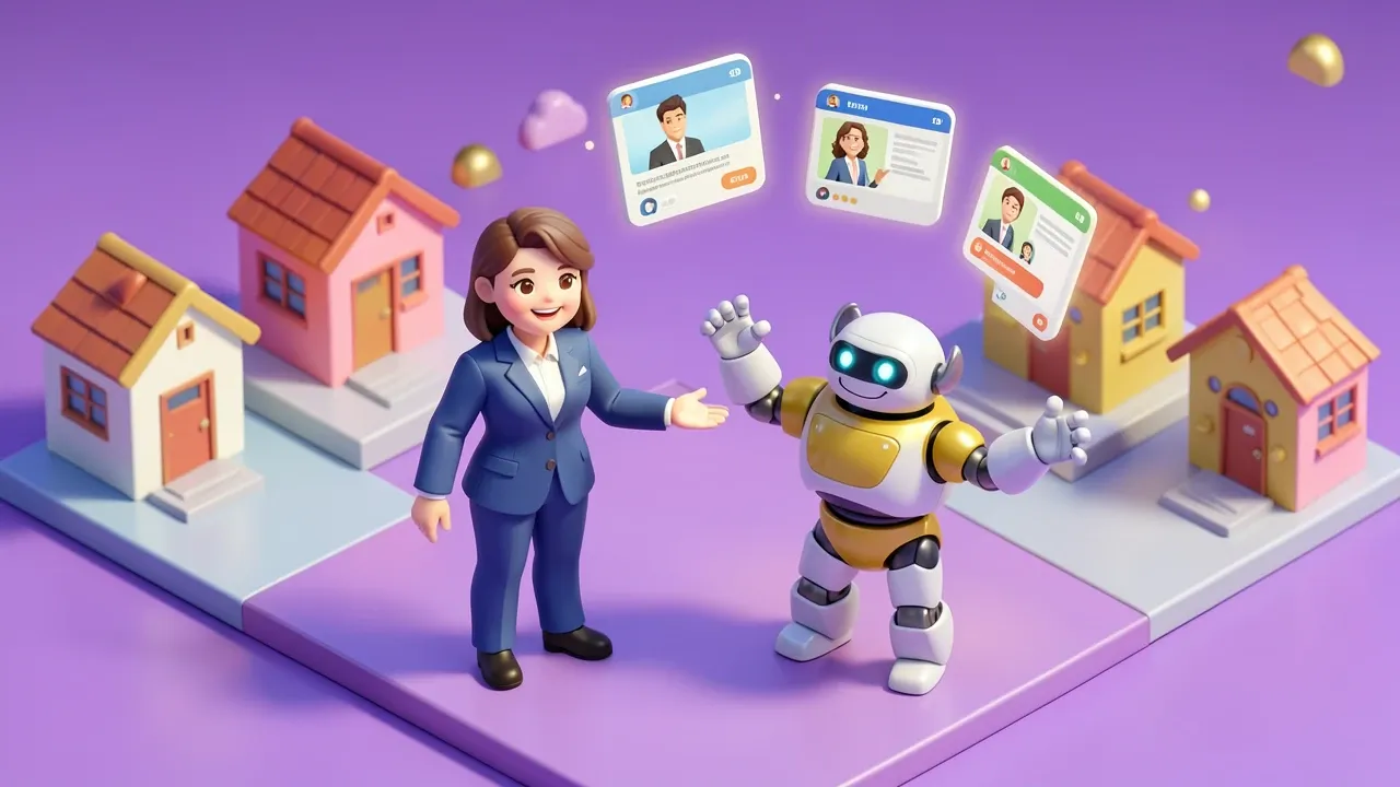 Diorama isometrico de uma corretora sorrindo enquanto um robo atende varios chats de clientes ao mesmo tempo em telas flutuantes, com miniaturas de casas ao fundo, paleta violeta e dourado