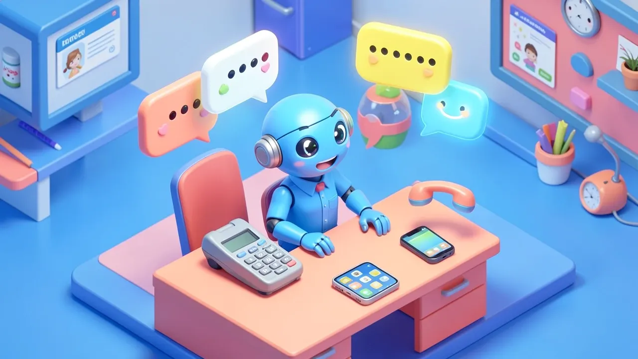 Robo recepcionista cercado por multiplos baloes de chat piscando ao mesmo tempo, telefone e celular tocando juntos, paleta azul e coral