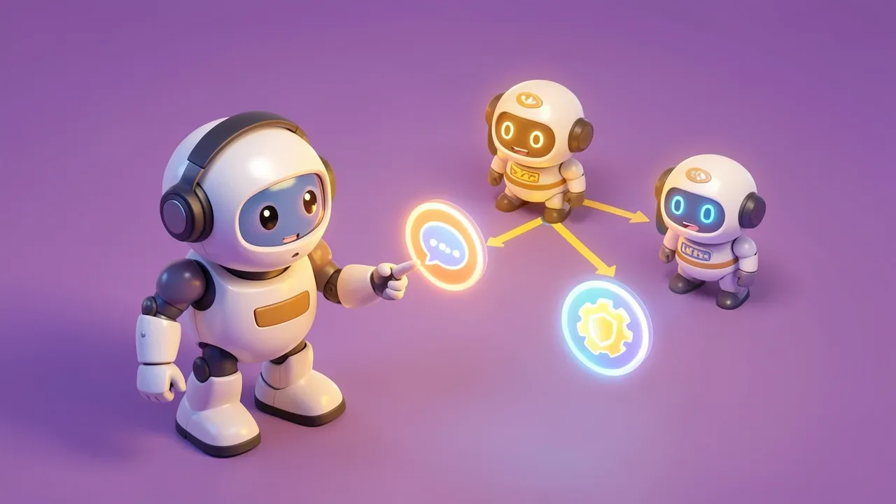 Diorama isometrico de um robo capitao com fone de ouvido apontando para um organograma holografico conectando tres robos especialistas, cada um brilhando com um icone de papel diferente, paleta violeta e ambar