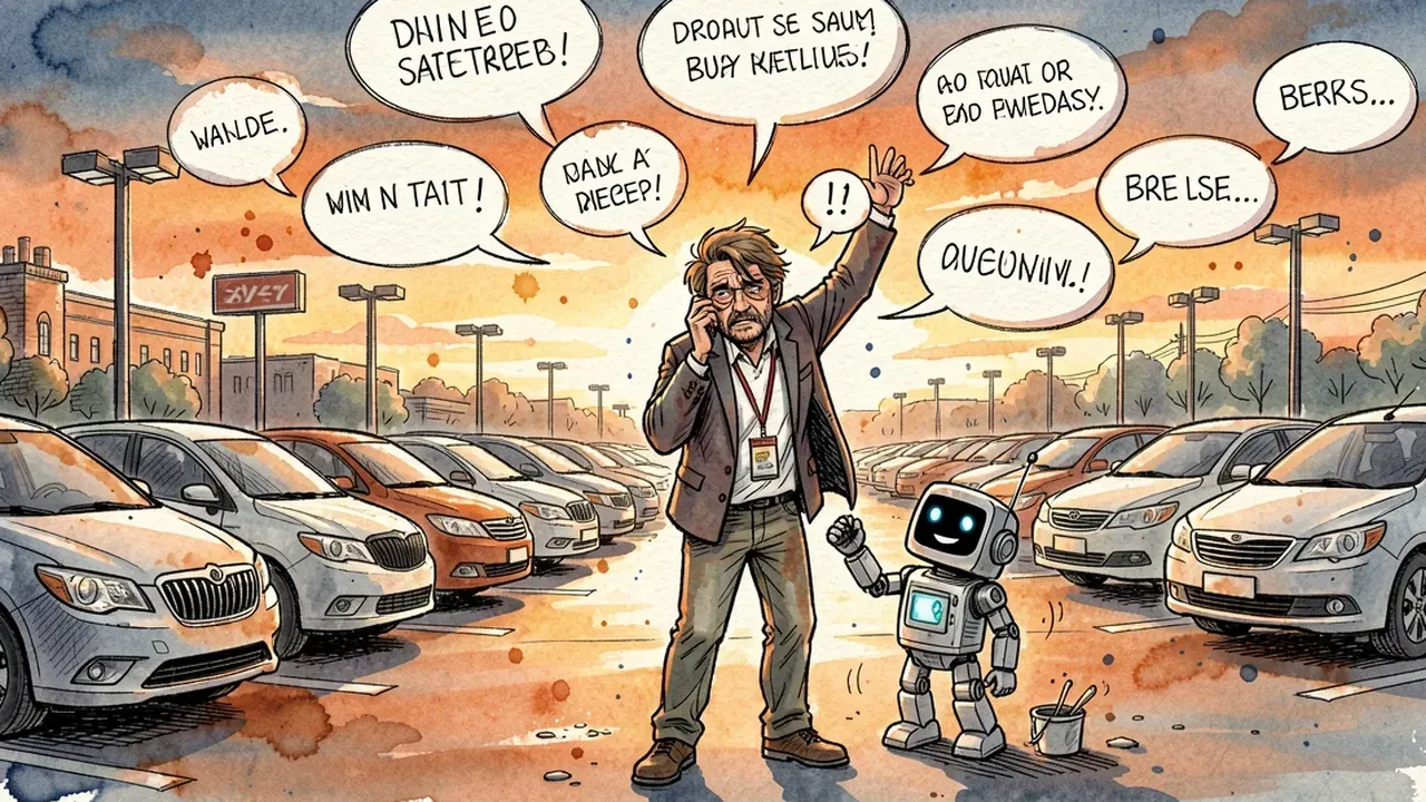 Tired salesperson surrounded by speech bubbles in a car lot at Saturday sunset, a small robot trying to answer everything, rows of generic cars in the background