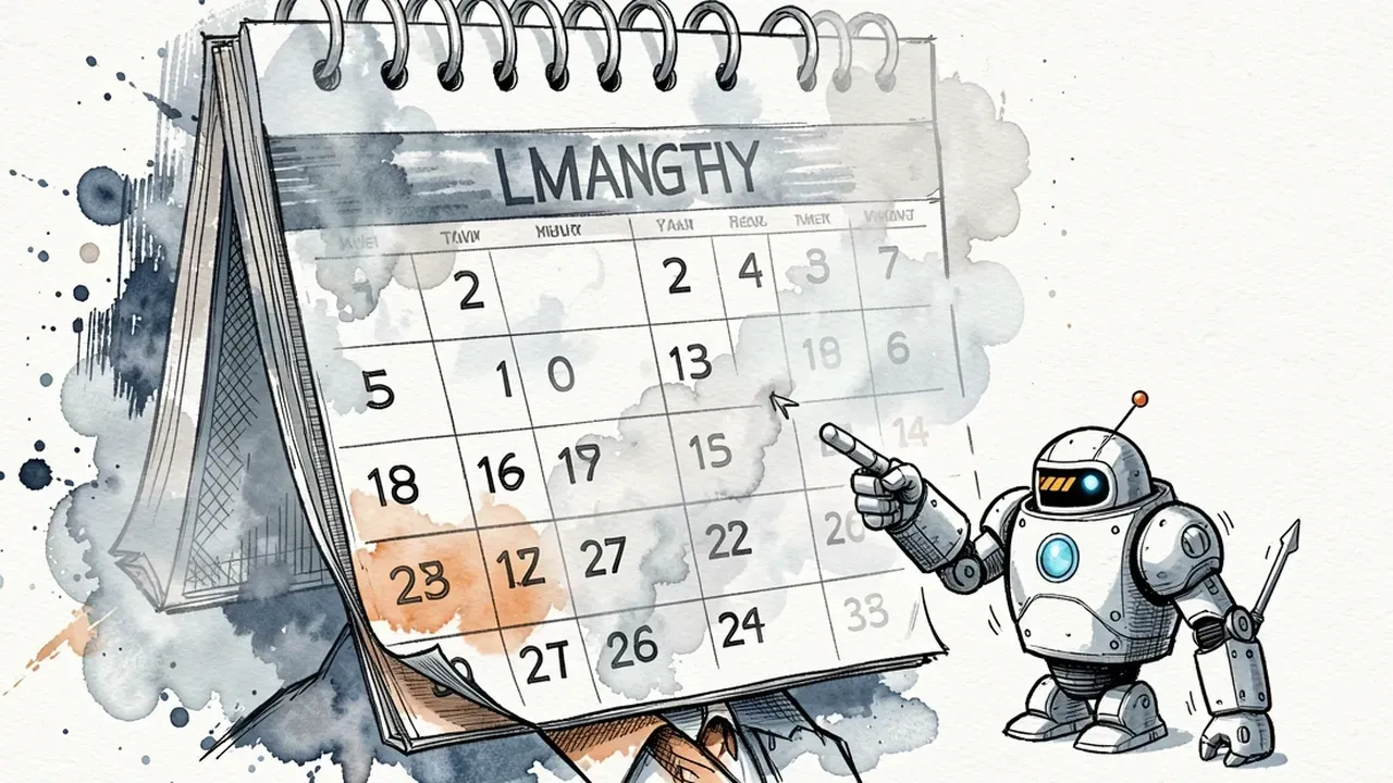 Cabeça de um gestor desenhada como um calendário enevoado, com o último mês nítido e colorido enquanto os meses anteriores desaparecem numa névoa cinza, um pequeno robô apontando pra tentar ajudar a lembrar