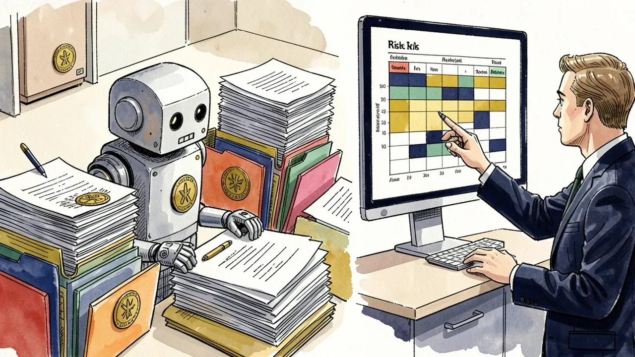 Robot agent sorting a stack of documents and audit seals into colorful folders while a person reviews a risk matrix on a screen, navy blue and gold palette