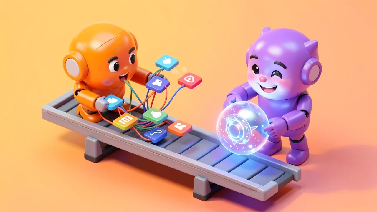 Diorama isometrico de um robo laranja conectando dezenas de icones de aplicativos com fios curtos numa esteira, do outro lado um robo violeta conversando com uma pessoa enquanto monta um agente completo, paleta laranja contra violeta