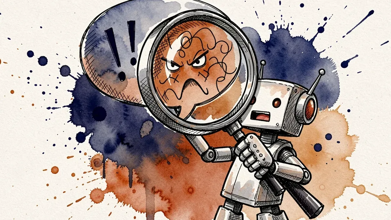 Robô agente de IA usando uma lupa para revelar palavras de raiva escondidas dentro de uma bolha de chat, estilo aquarela