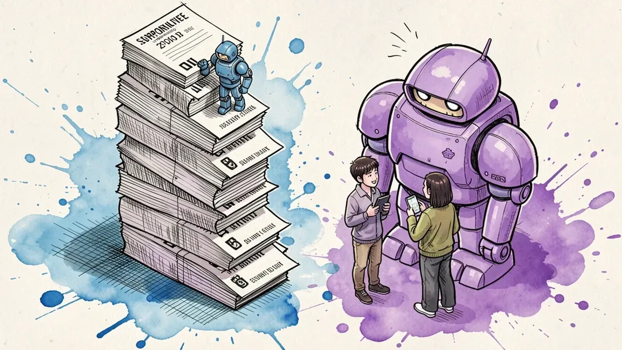 Diorama isometrico de uma torre de tickets empilhados com um pequeno robo carimbando cada um, ao lado um robo violeta maior conversando naturalmente com uma pessoa segurando o celular, paleta azul contra violeta