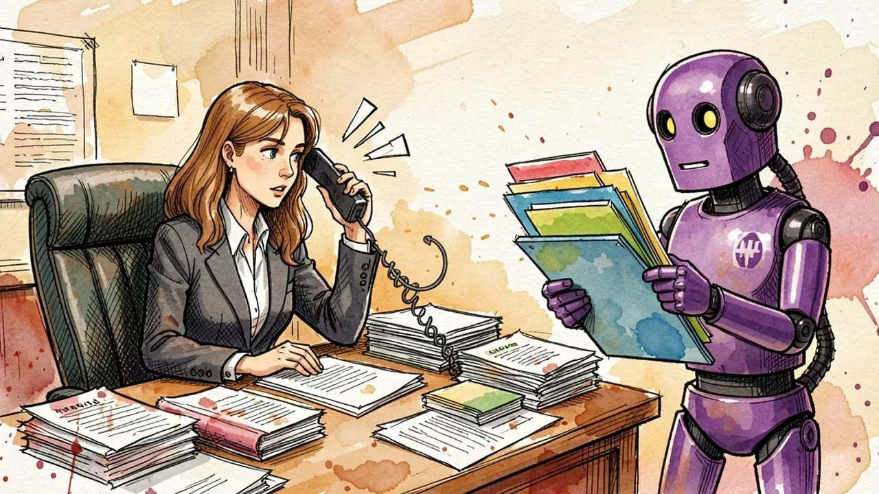 Attorney sitting at a desk full of papers looking at a phone that keeps ringing, a purple robot beside her holding a clipboard sorting cases into colored folders, warm watercolor on paper